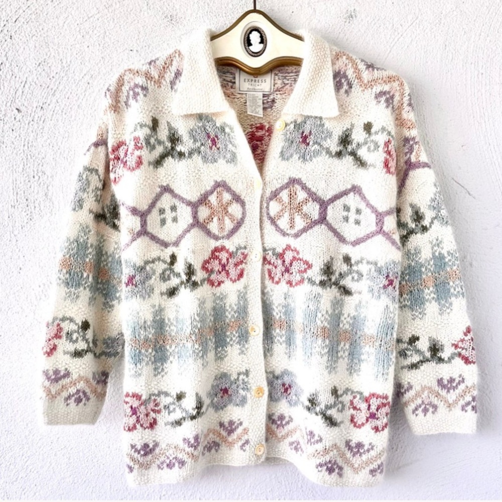 Vintage 90s Express Tricot Hand Knitted Cardigan Angora‎ Blend Floral Sz S